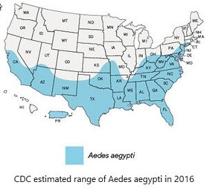 estimated range of Aedes aegypti mosquitoes in 2016