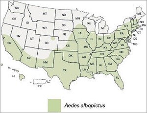 estimated range of Aedes albopictus in 2016